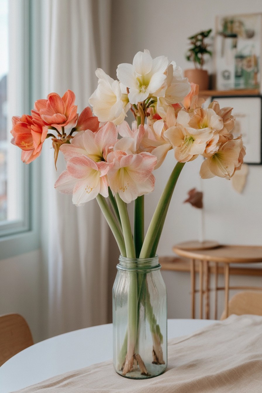 Retro-Milchflasche mit bunten Amaryllisblumen als Frühlingsdeko