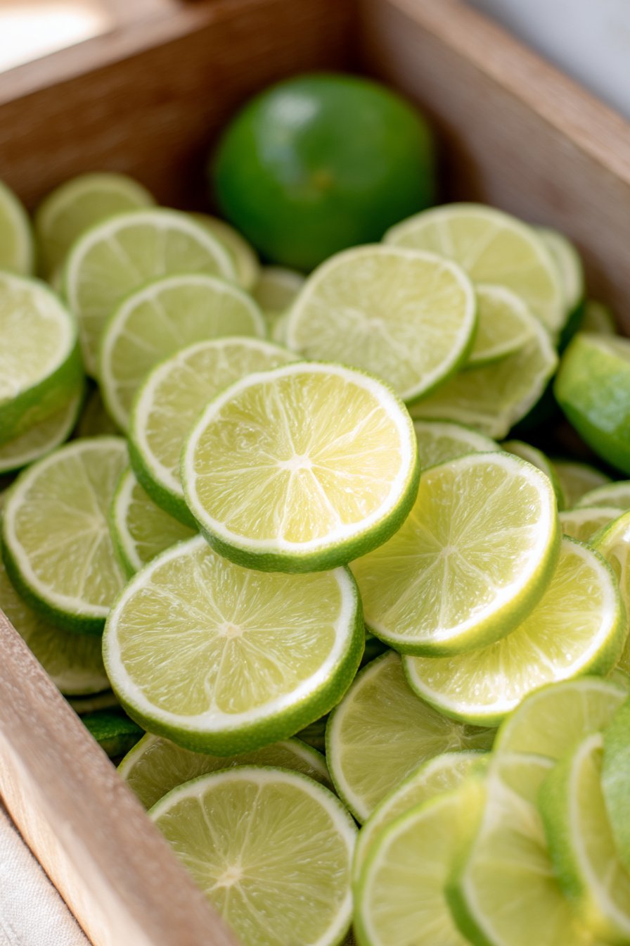 Holztablett mit Limettenscheiben als sommerliche Tischdeko
