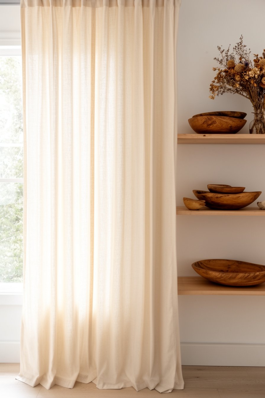 Baumwoll-Vorhänge und natürliche Deko im Wohnzimmer