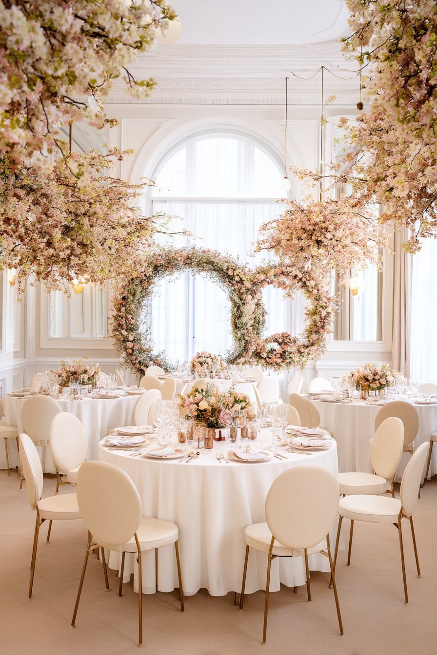 Runder Hochzeitstisch mit pastellfarbenen Blumenringen dekoriert