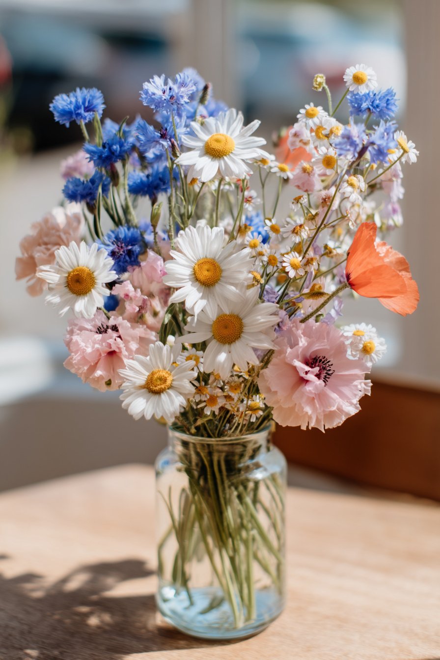Sommerlicher Wildblumenstrauß in kleiner Glasvase