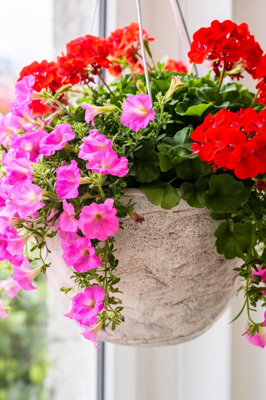 Blumenampel mit Petunien und Geranien am Hauseingang