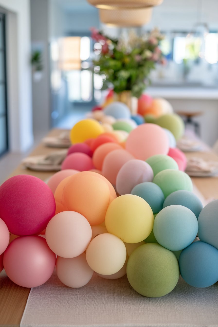 Bunte Papier- und Ballongirlande als Tischläufer