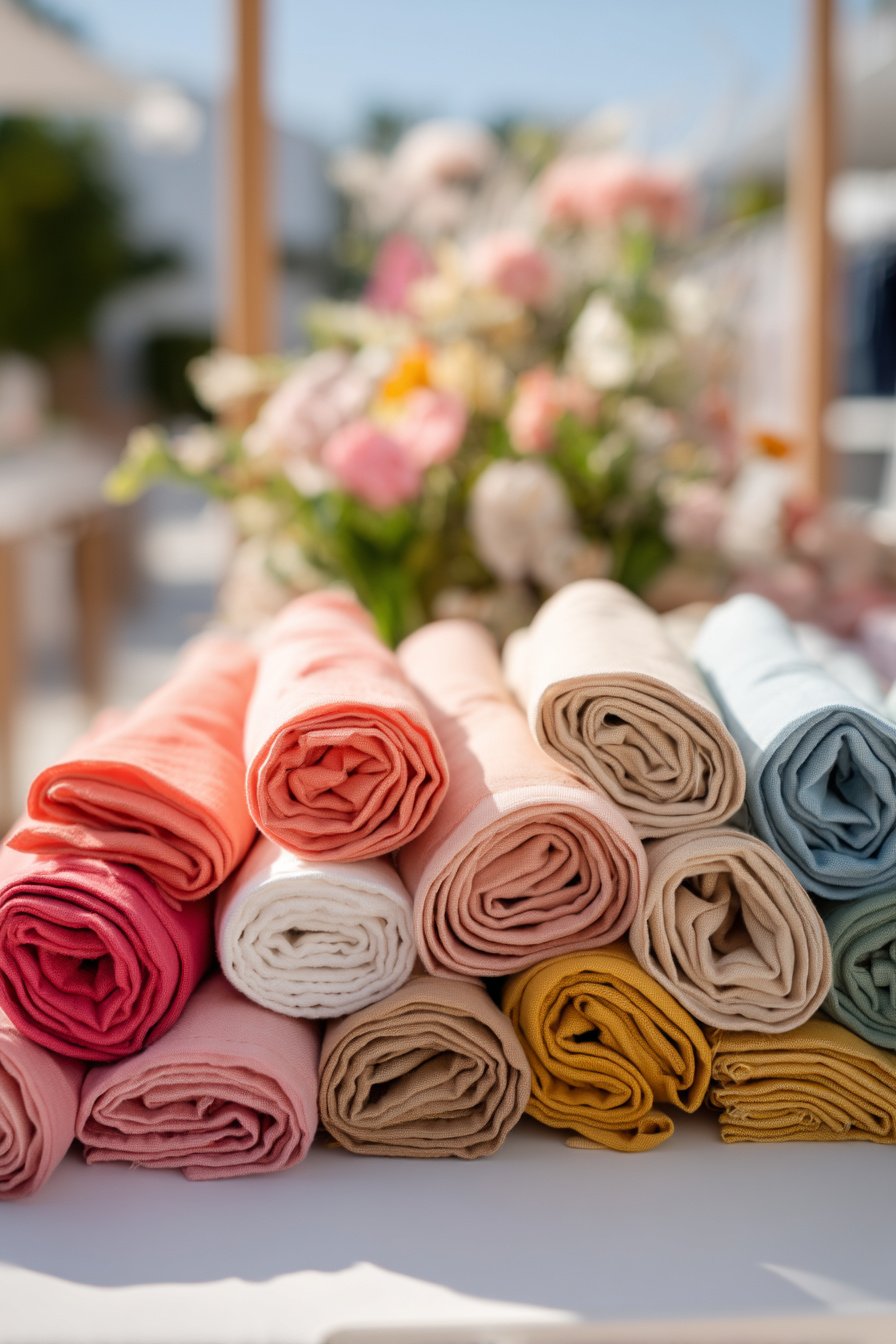 Bunte Servietten als Farbakzent auf Gartentisch