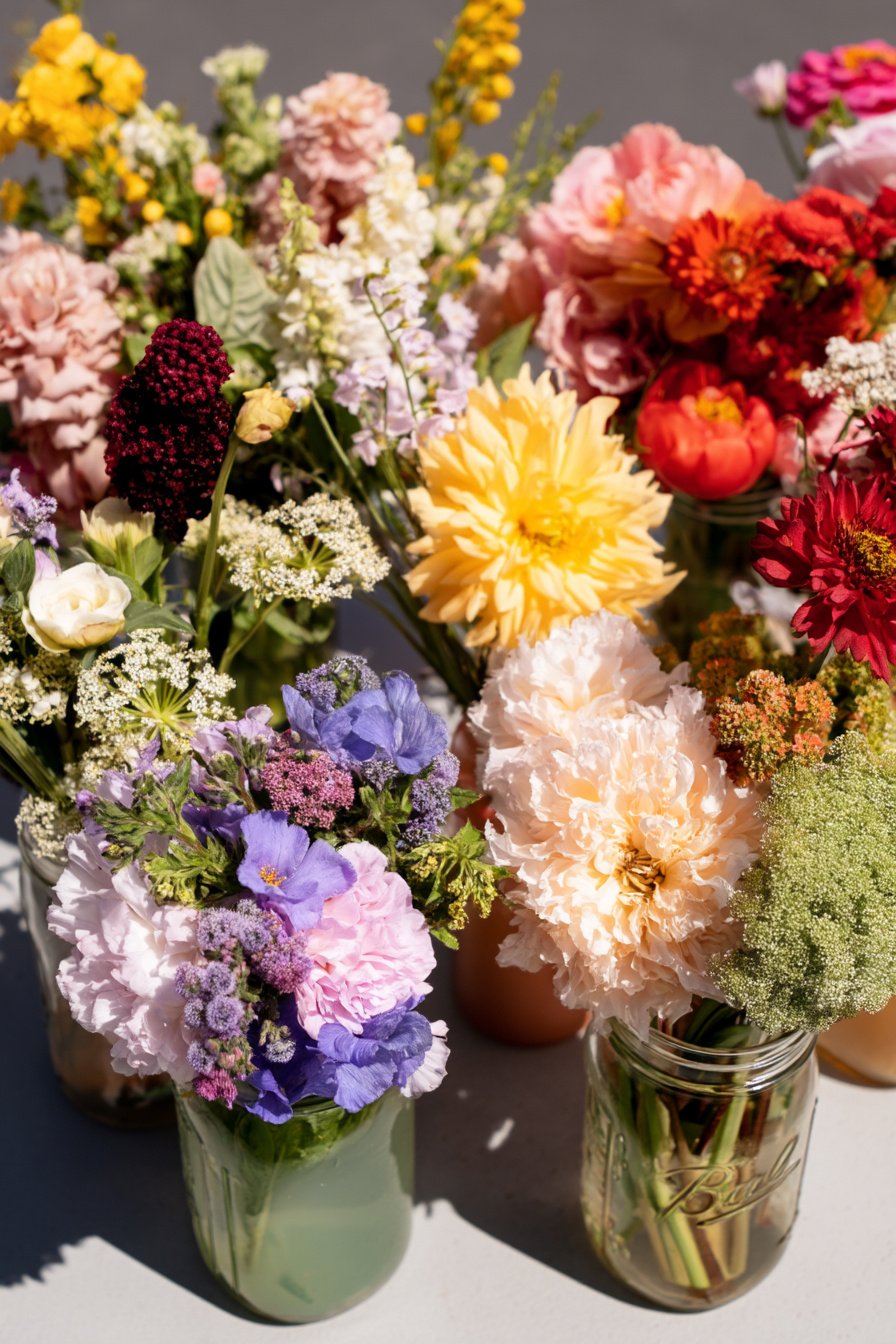 Sommerblumenstrauß in Einmachglas auf Hochzeitstisch