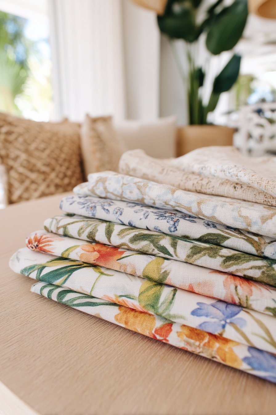 Bunte Stoffservietten mit Blumenmuster auf sommerlichem Tisch