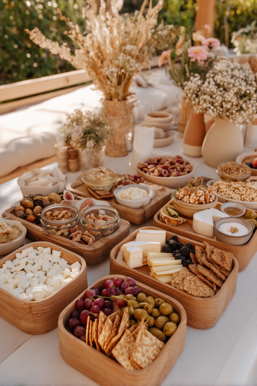 Holzbretter mit Snacks als Gartentischdeko