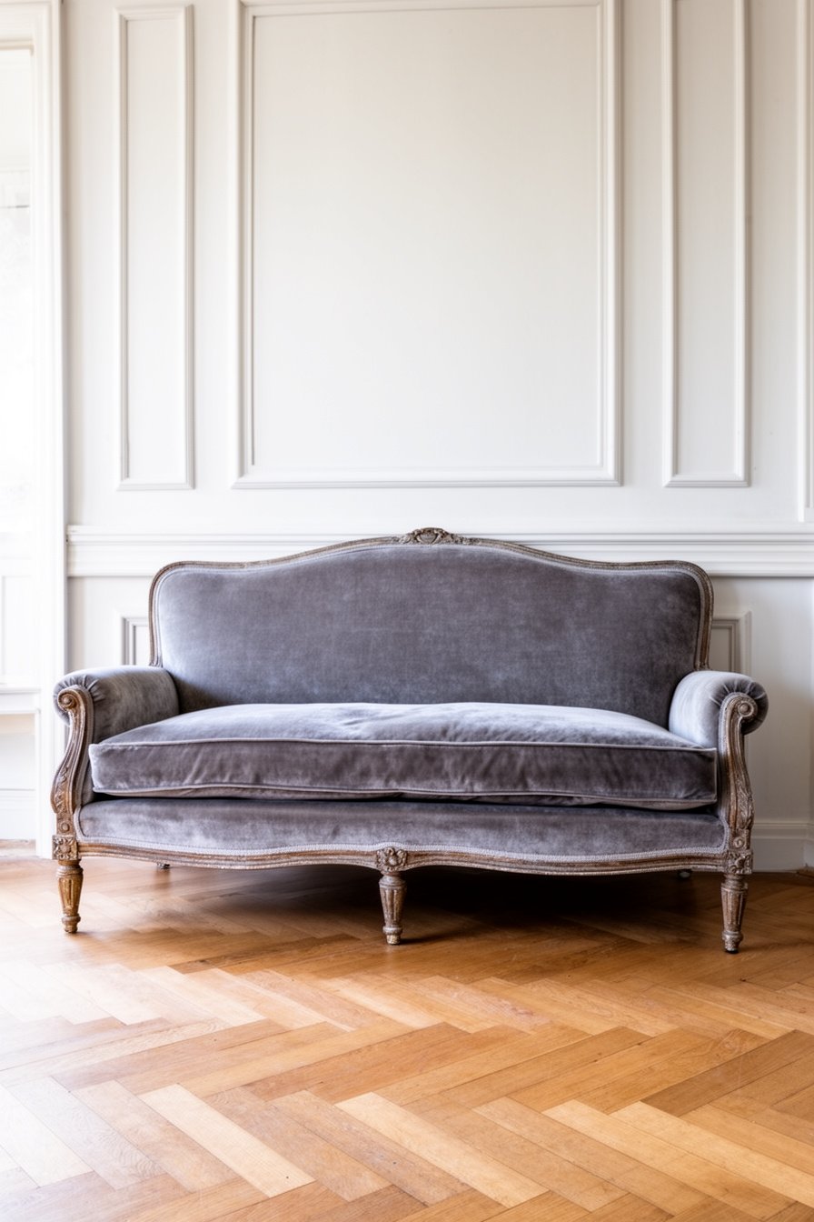 Graues Samtsofa im Vintage Landhaus Wohnzimmer