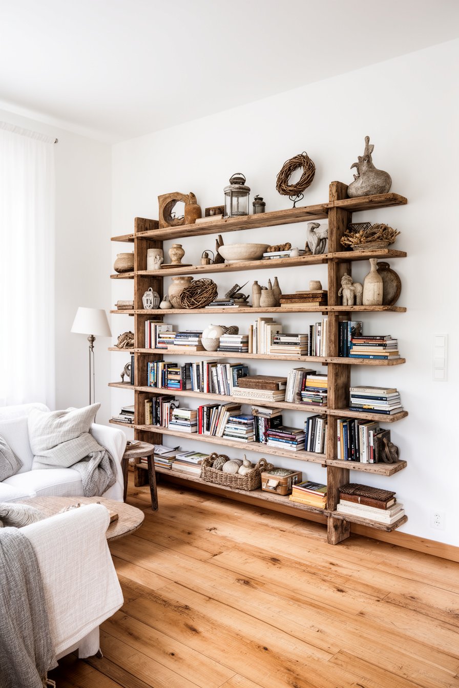 Farmhouse Wohnzimmer mit offener Bücherwand und Holzboden