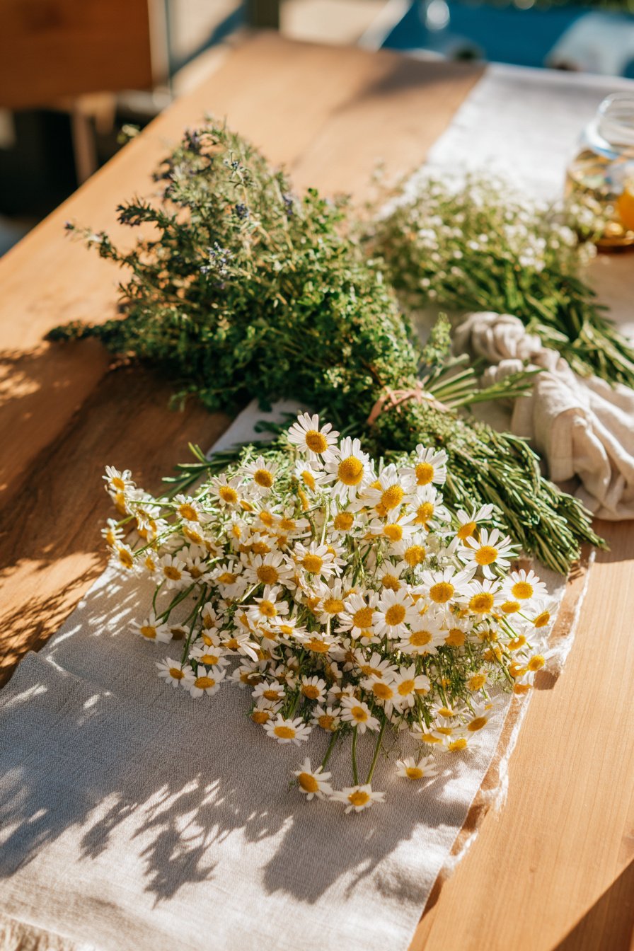Garteninspirierte Tischdeko mit Gänseblümchen und Kräutern