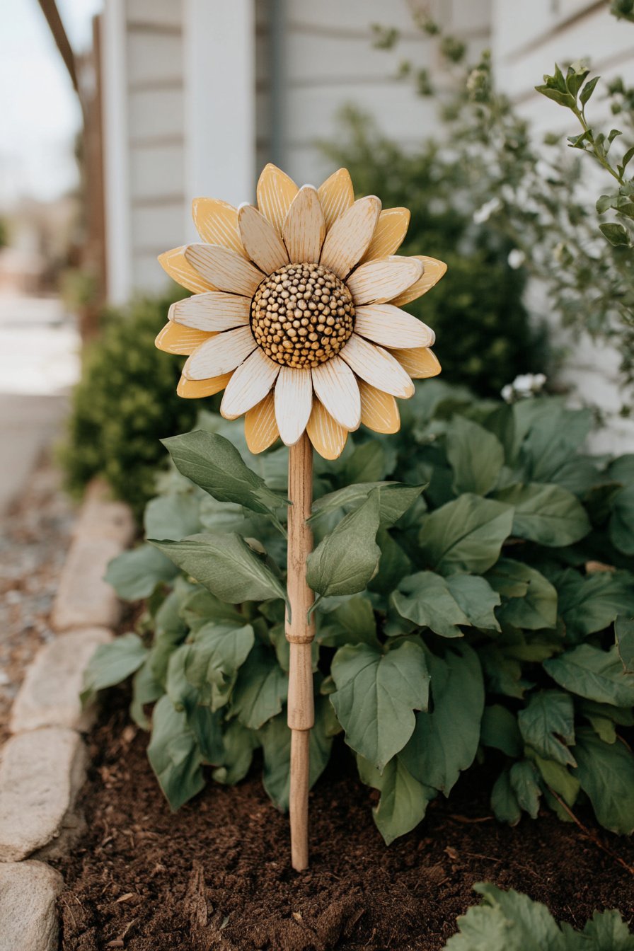 Holz-Gartenstecker Sonnenblume im Sommerbeet