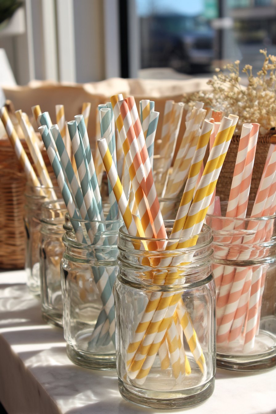 Sommerliche Gläser mit bunten Papierstrohhalmen