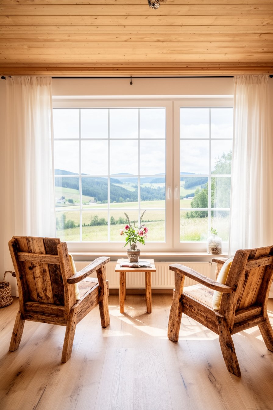 Wohnbereich mit großem Fenster und rustikalen Holzmöbeln