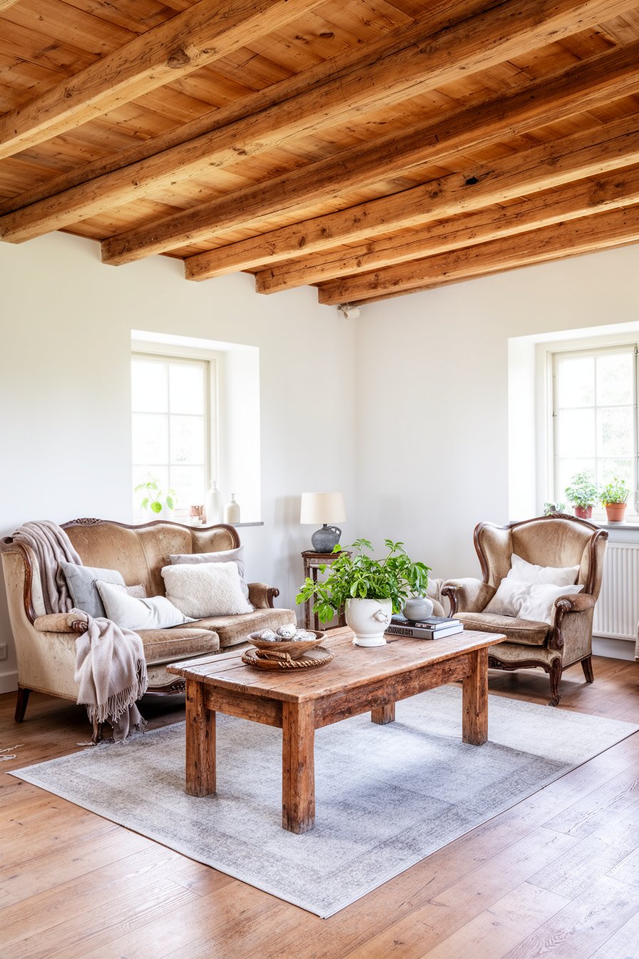 Wohnzimmer im Landhausstil mit Holzbalken und Vintage Möbeln