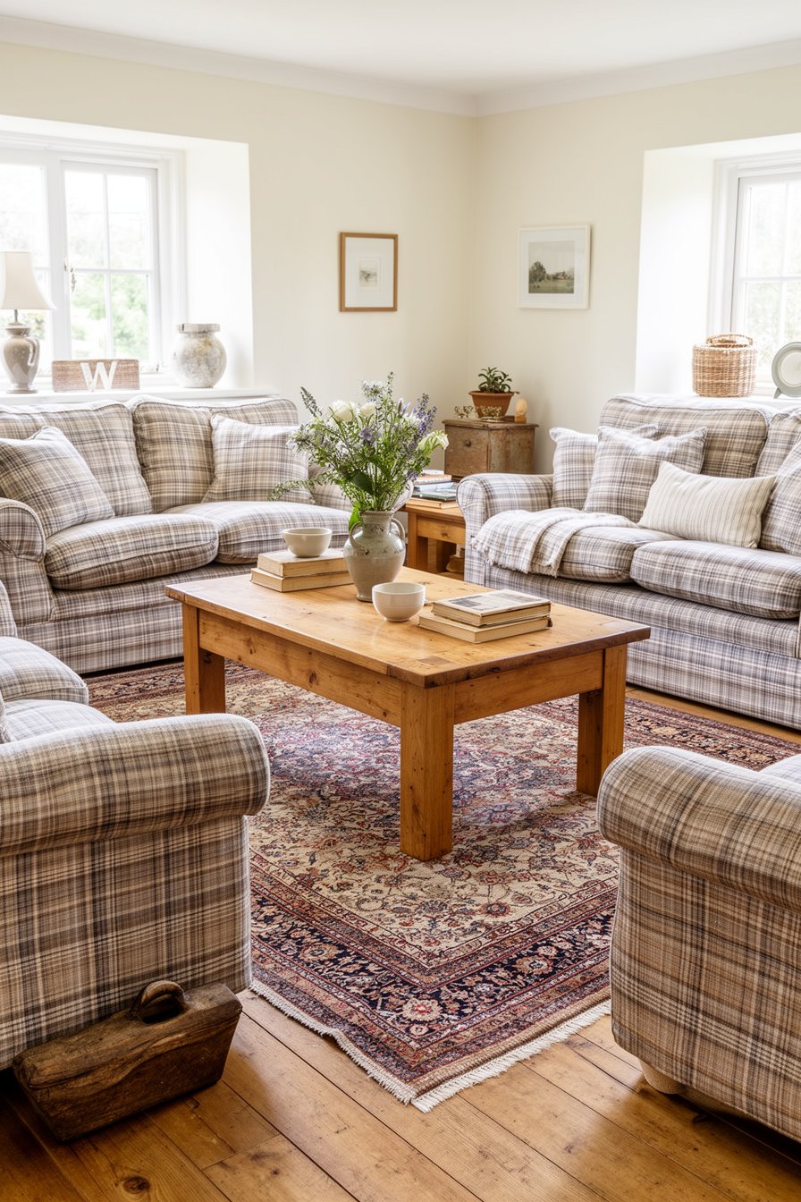 Wohnzimmer im englischen Landhausstil mit karierten Sofas
