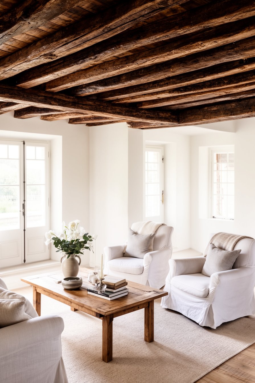 Französisches Landhaus Wohnzimmer mit Holzdecke und Sessel