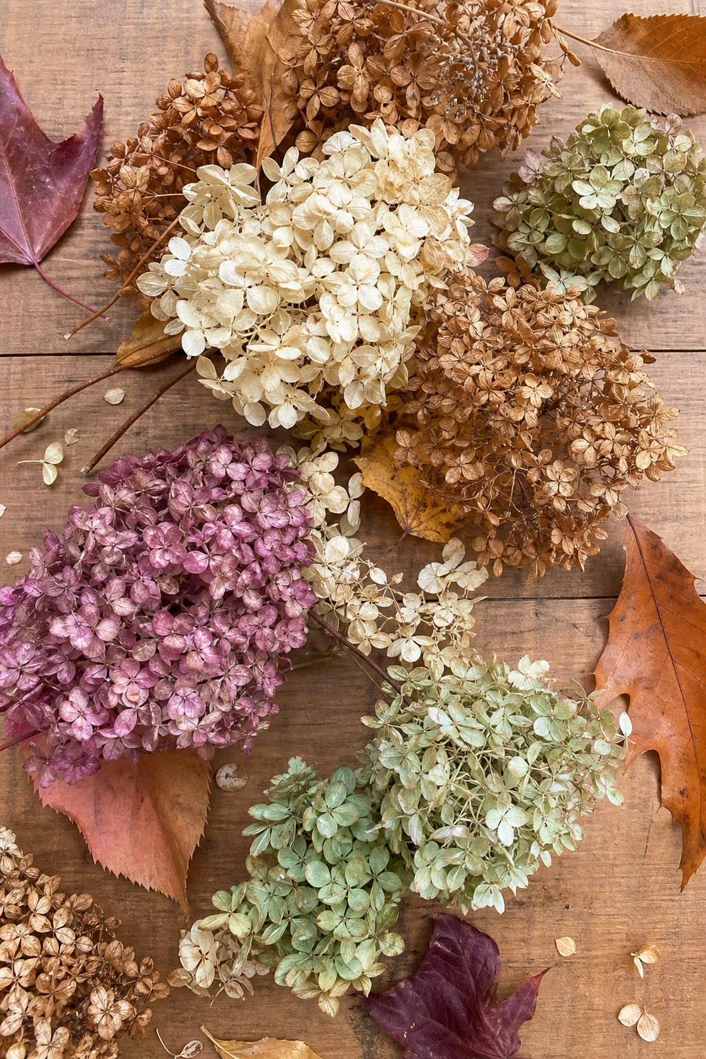 Getrocknete Hortensienblüten als herbstliche Tischdeko auf Holz
