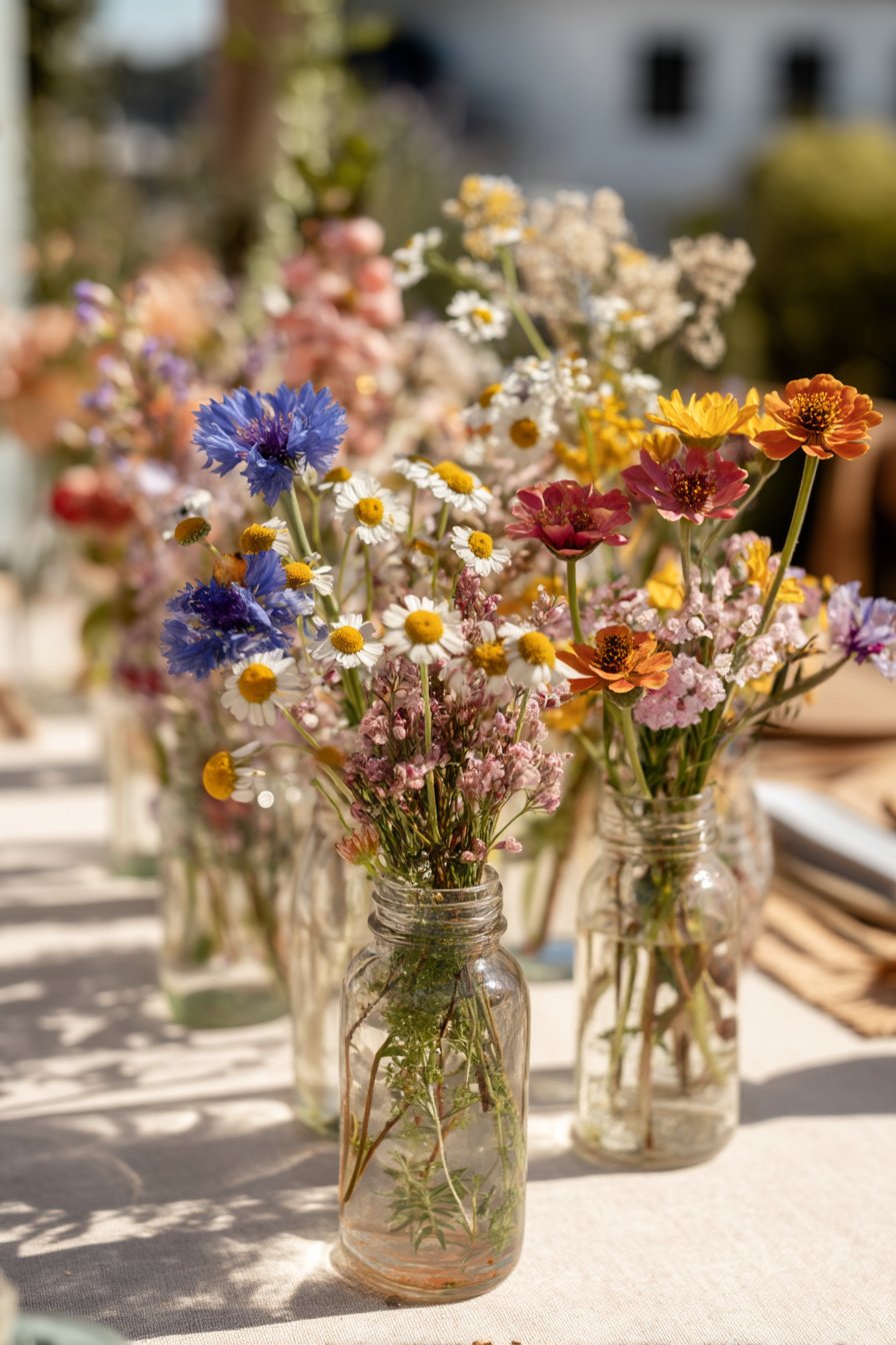 Glasflaschen mit Wildblumen auf Gartentisch