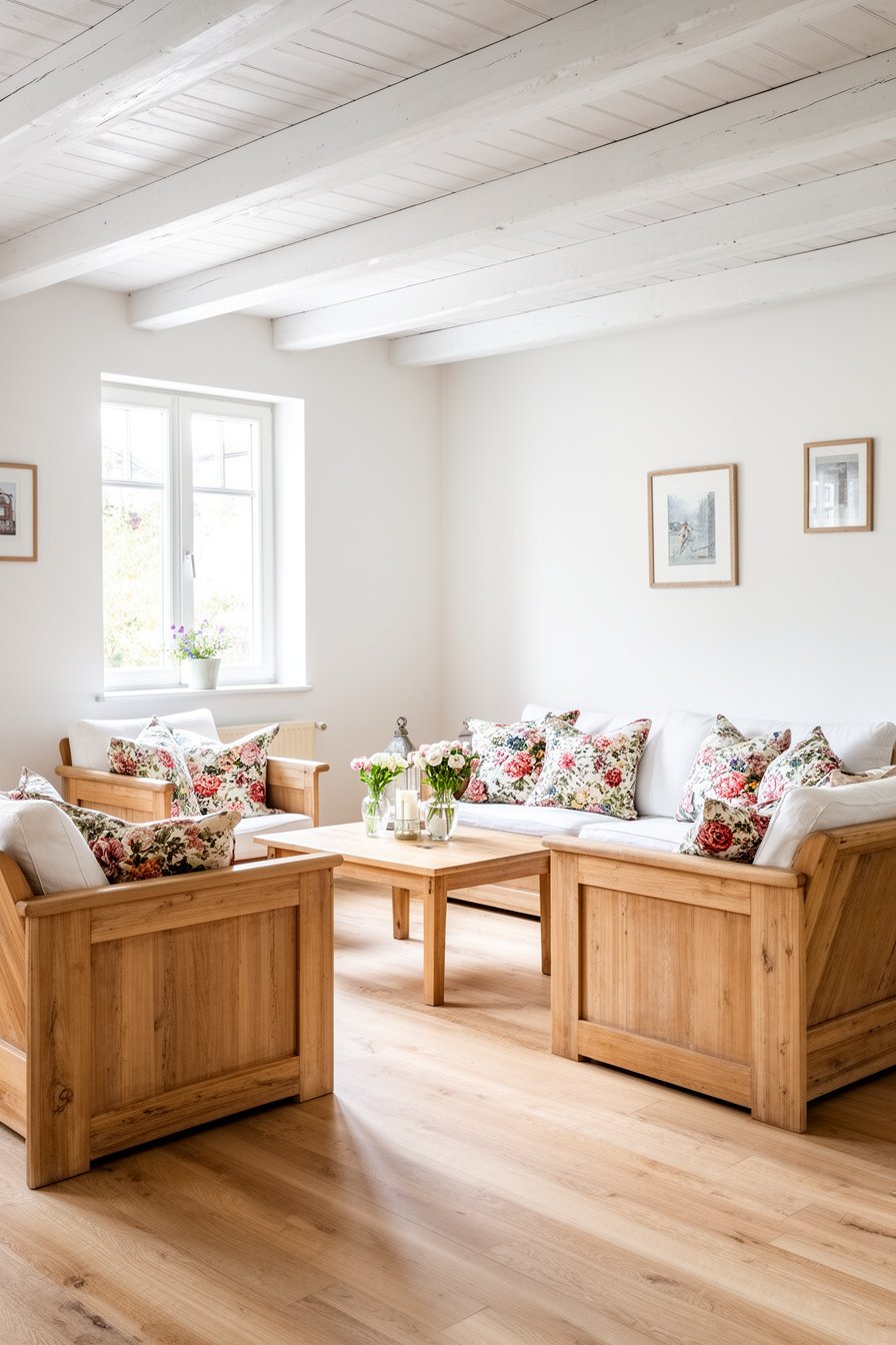Helles Landhaus Wohnzimmer mit weißen Deckenbalken