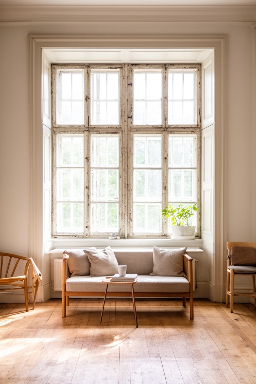 Helles Wohnzimmer mit großen Sprossenfenstern im Vintage Landhausstil