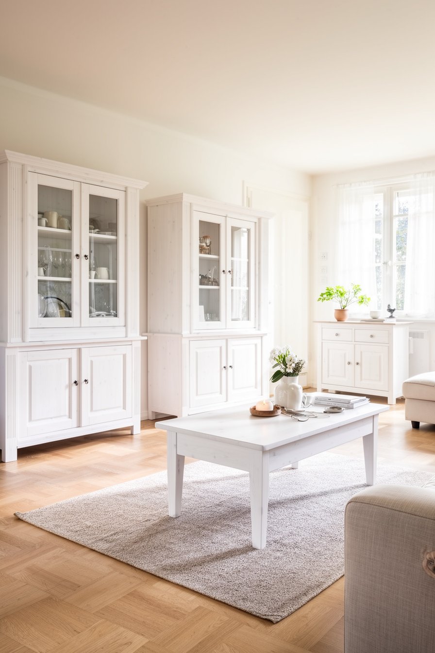 Helles Wohnzimmer mit weißen Landhausmöbeln und skandinavischem Flair
