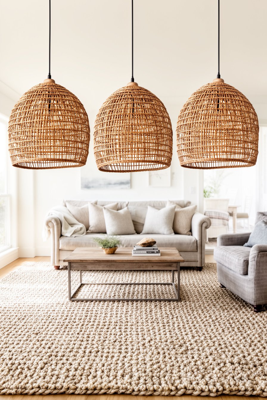 Wohnzimmer mit Korbpendelleuchten und Wollteppich im Skandi Landhausstil