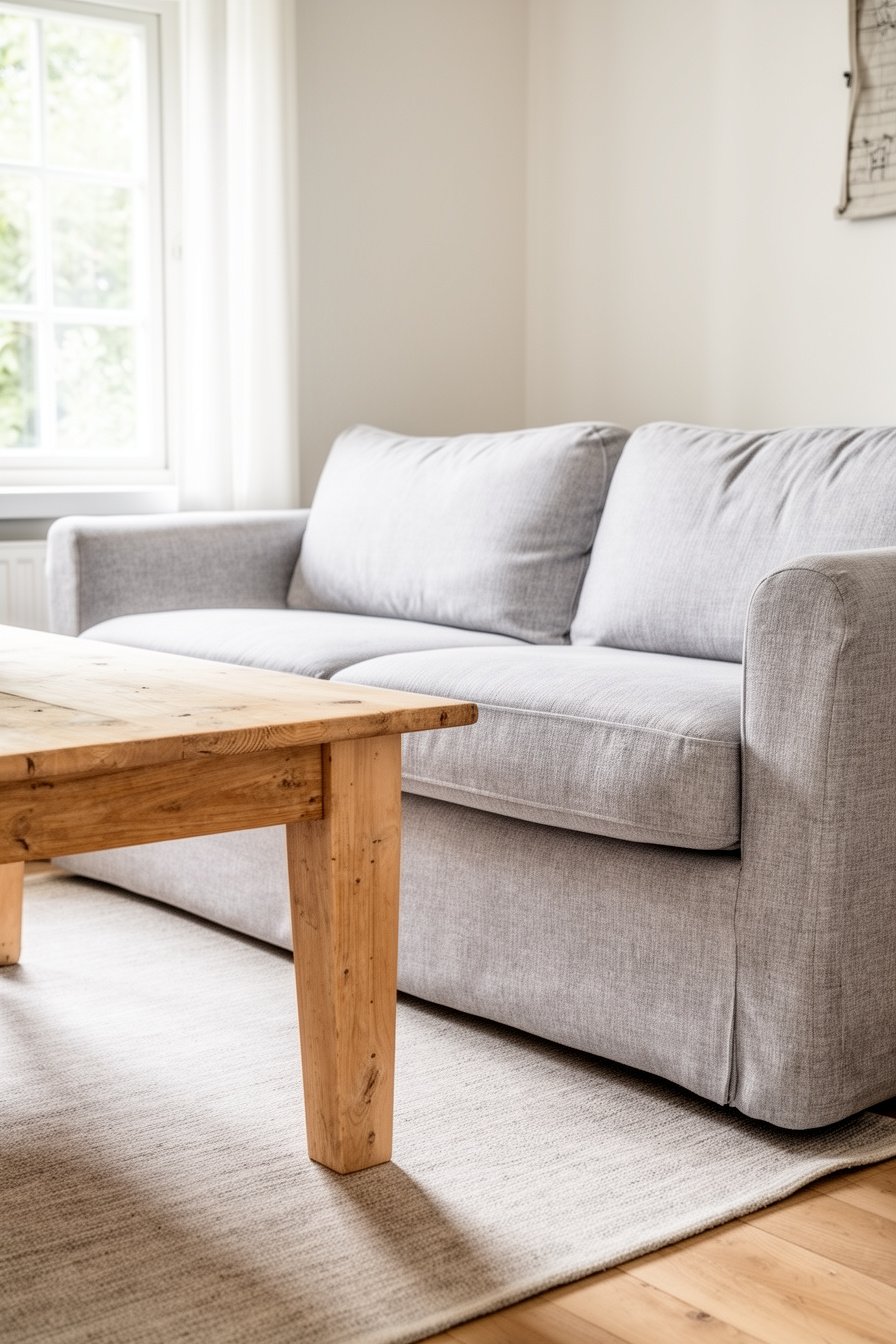 Landhaus Wohnzimmer mit hellgrauem Sofa und Holztisch