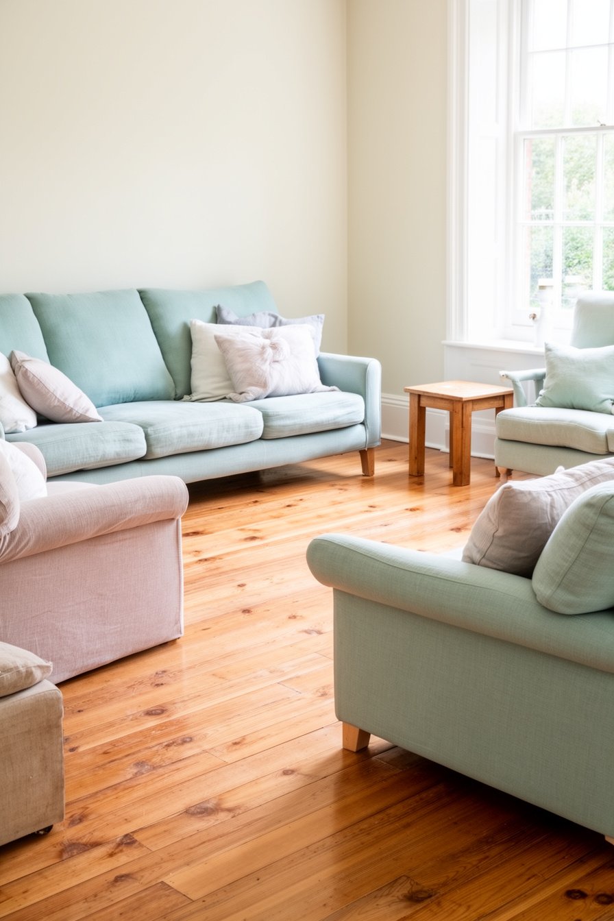 Wohnzimmer im Landhausstil mit pastellfarbenen Sofas