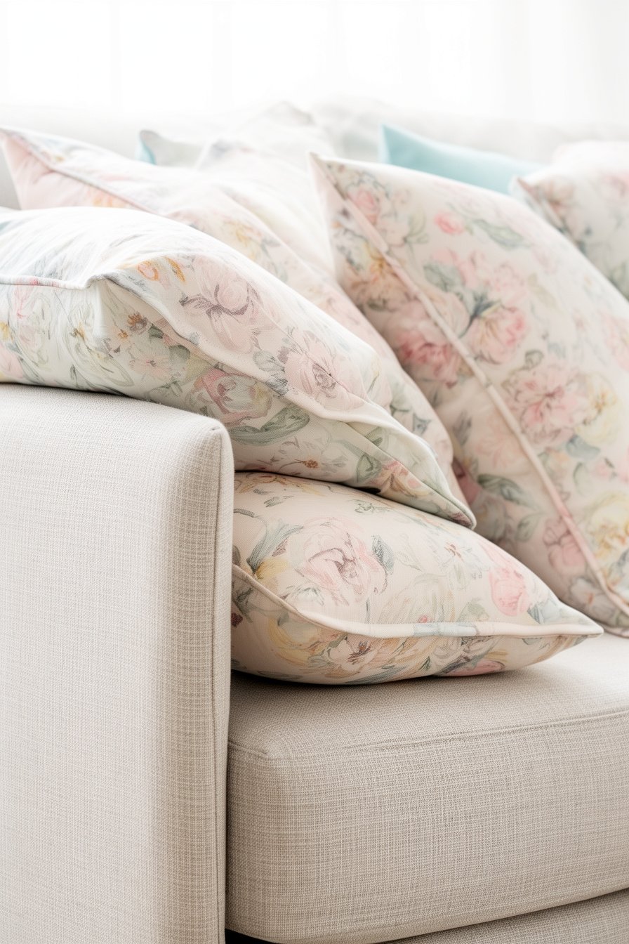 Pastellfarbene Kissen mit Blumenmuster auf Sofa