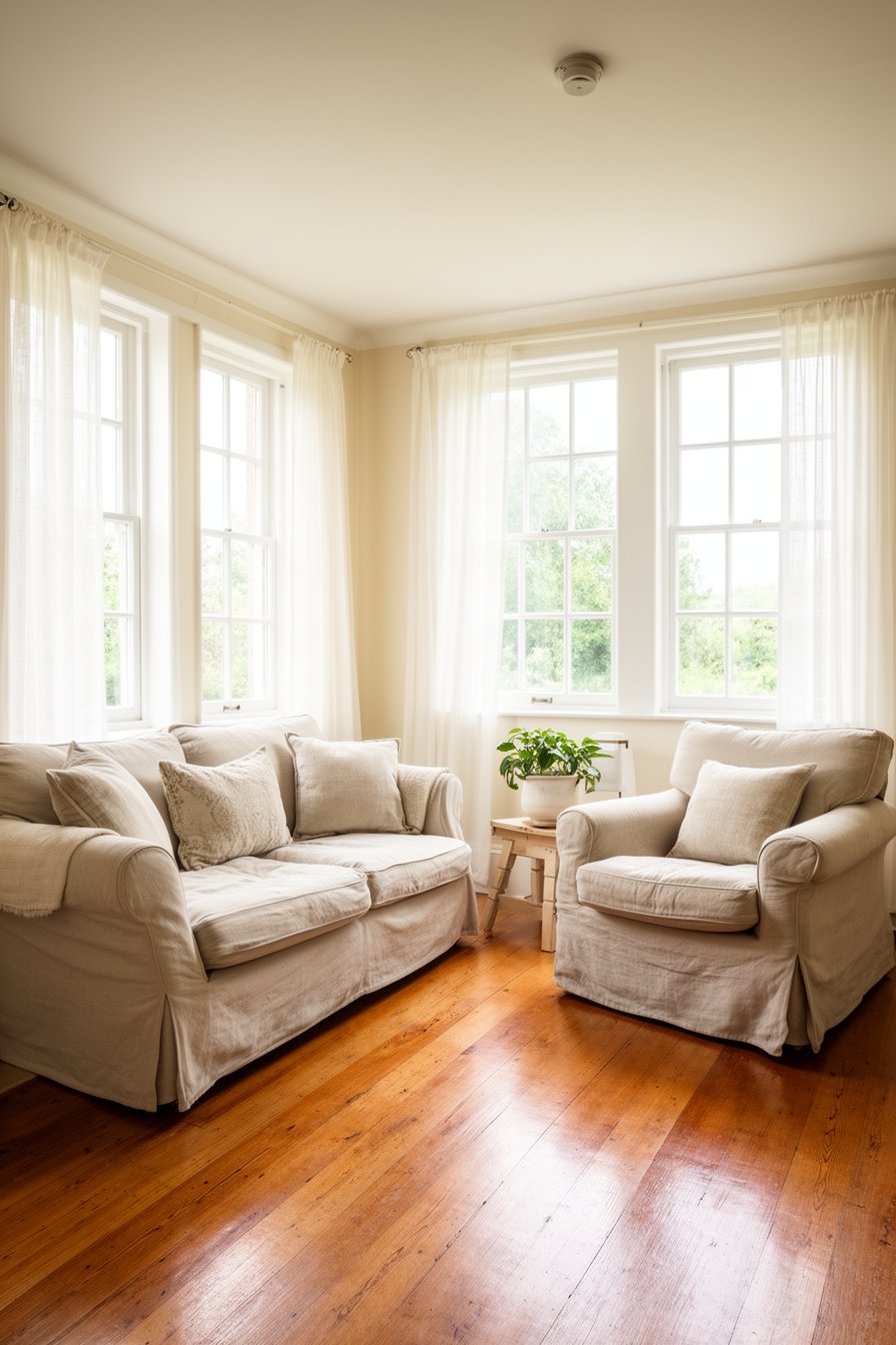 Wohnzimmer im Landhausstil mit Sprossenfenstern und Gardinen