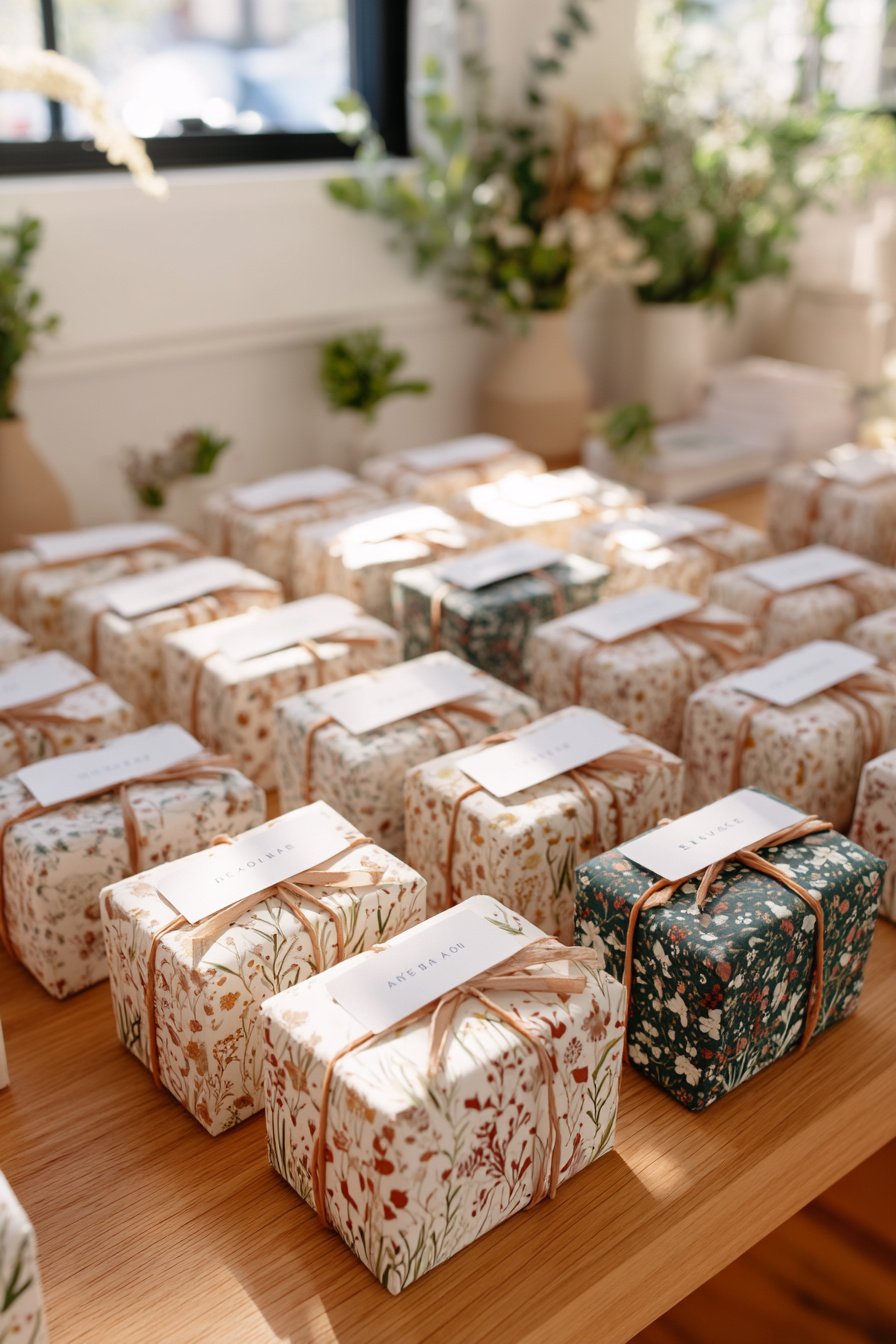 Mini-Geschenkboxen mit Blumenpapier als Platzkarten