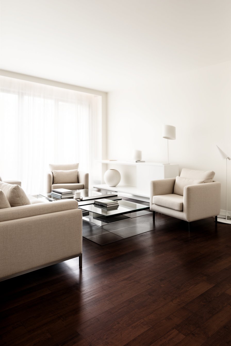 Modernes Landhaus Wohnzimmer mit dunklem Holzboden