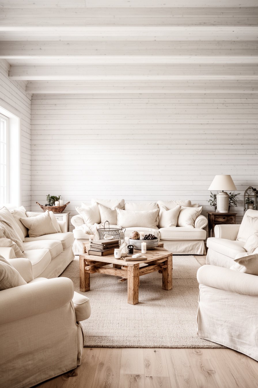 Wohnzimmer im modernen Farmhouse-Stil mit cremefarbenen Möbeln