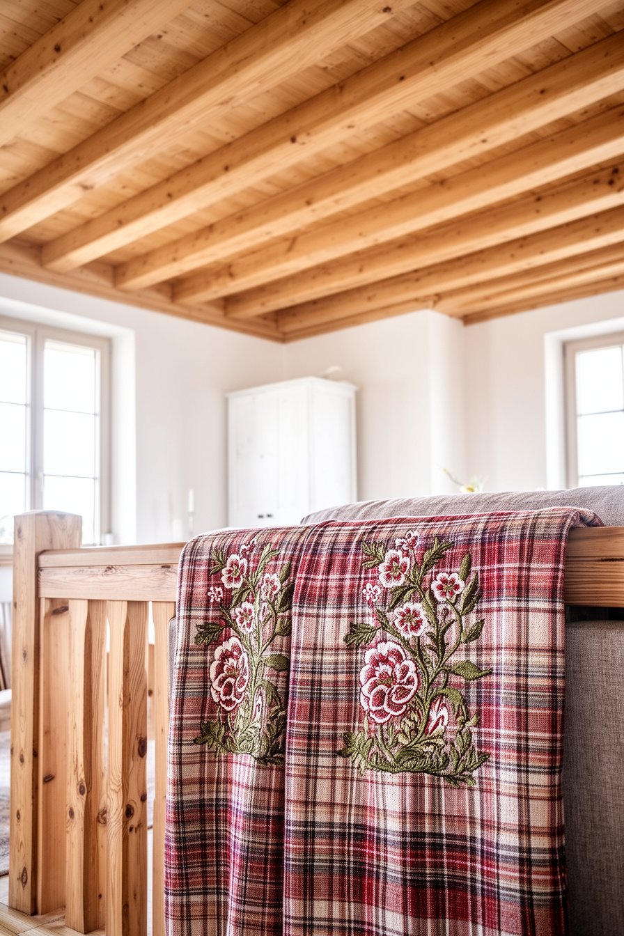 Naturholzdecke und bestickte Plaids im Landhaus Wohnzimmer