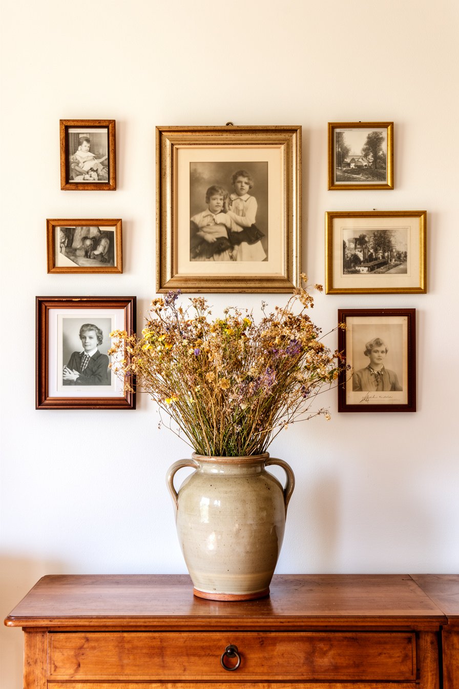 Vintage Wand mit Bilderrahmen und Trockenblumen Vase