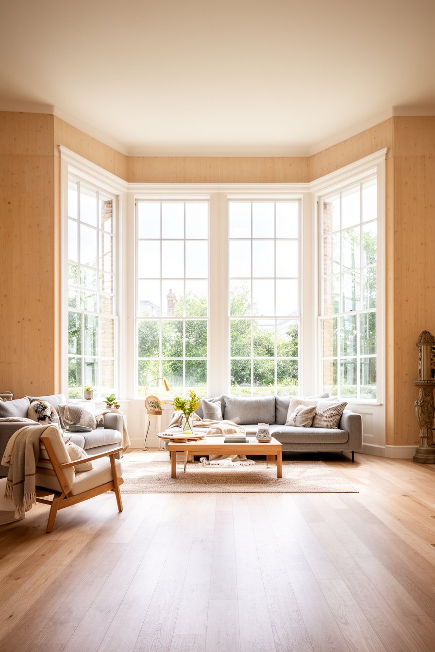 Skandi Landhaus Wohnzimmer mit großen Sprossenfenstern