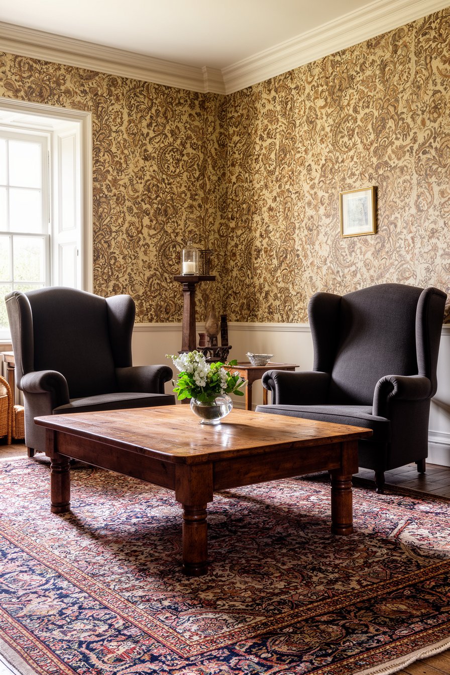 Wohnzimmer im Old-English-Stil mit opulenter Tapete und Wingback Chairs
