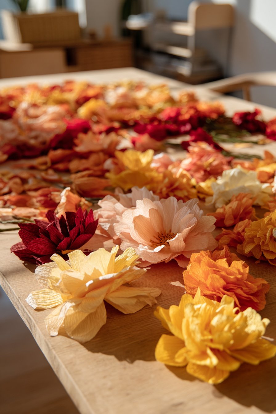 Papierblumen Tischdeko in Sommerfarben auf Holz