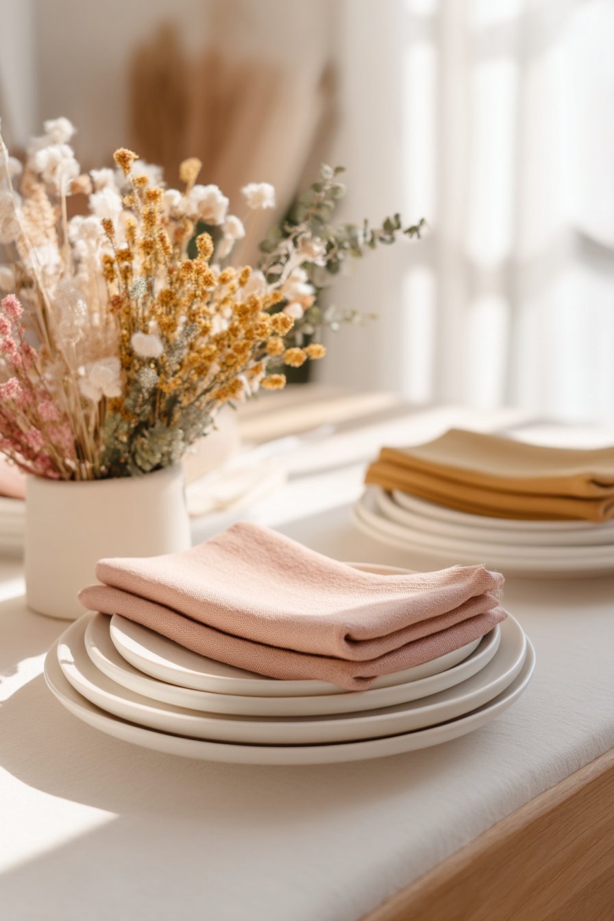 Pastellfarbene Servietten mit weißem Geschirr auf Hochzeitstisch
