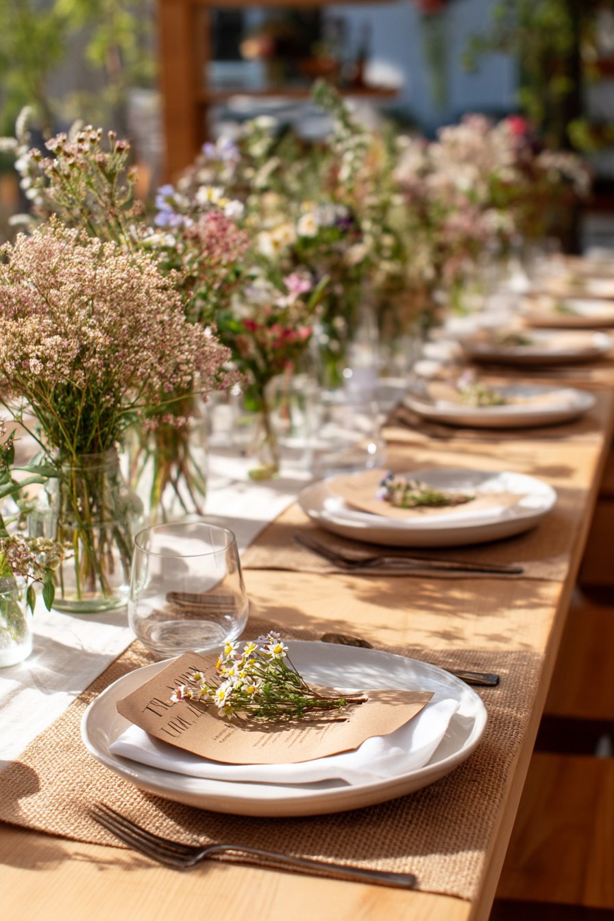 Personalisierte Platzkarten mit kleinen Blüten auf Sommertisch