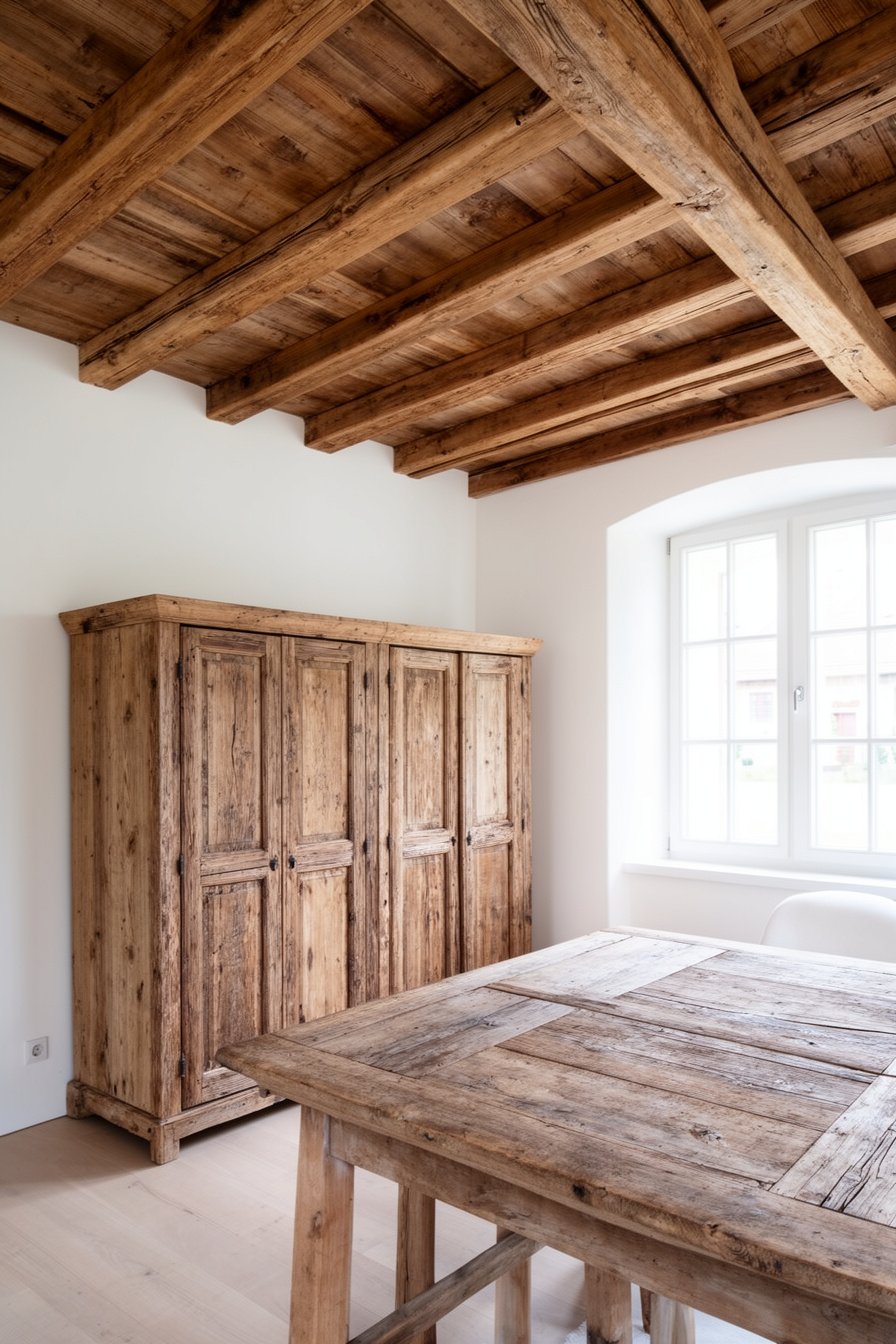Wohnzimmer im Vintage Landhausstil mit offener Holzdecke