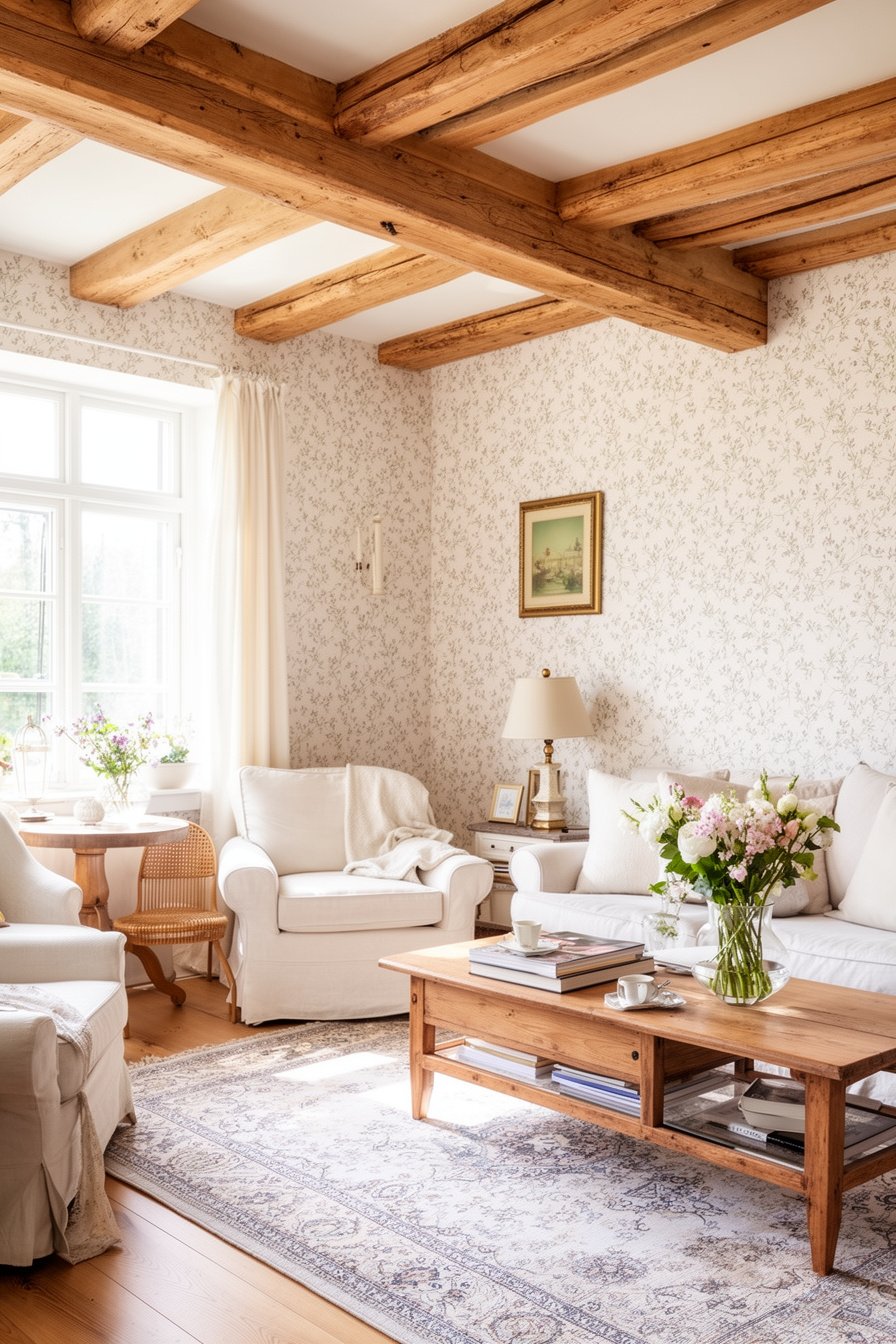 Wohnzimmer mit Cottage-Tapete und Naturholz im Landhausstil