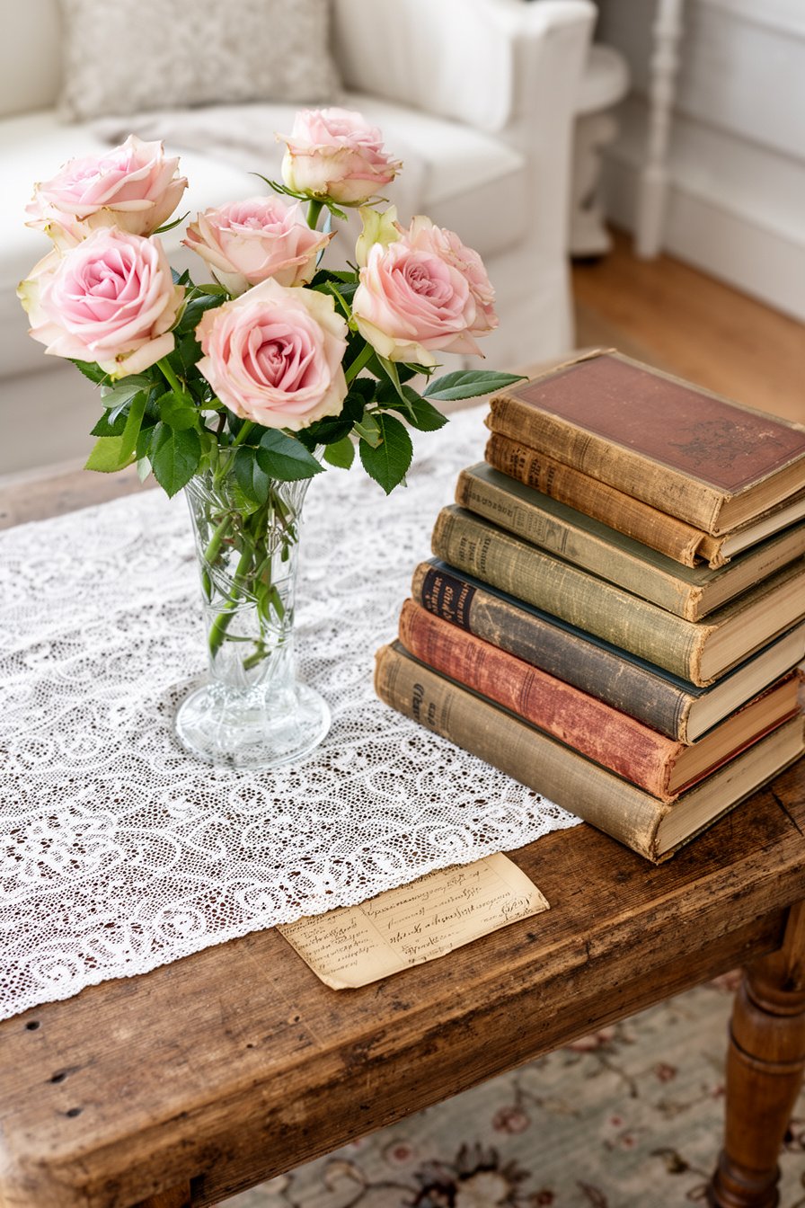 Couchtisch mit Rosen, Spitze und alten Büchern im Vintage Stil