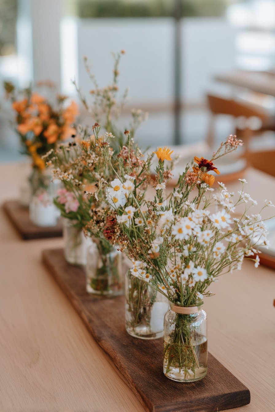 Holzbretter mit Wildblumenvasen als Tischdeko Sommer Geburtstag