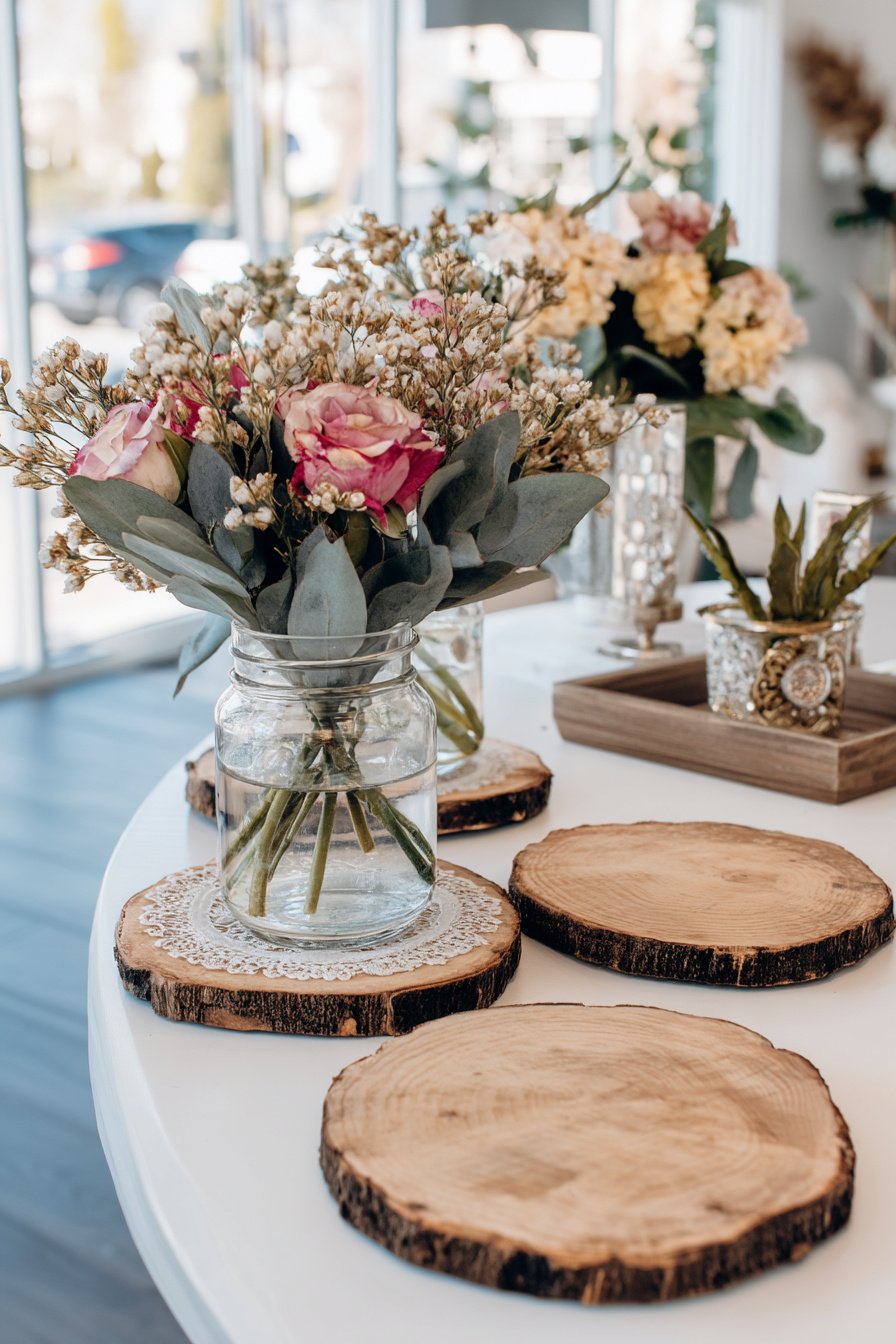 Holzscheiben als Untersetzer für Vasen auf Hochzeitstisch