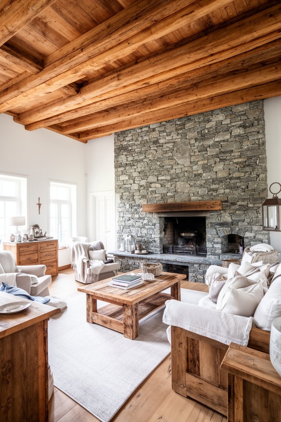 Wohnzimmer mit Holzbalken und großem Steinkamin im Landhausstil