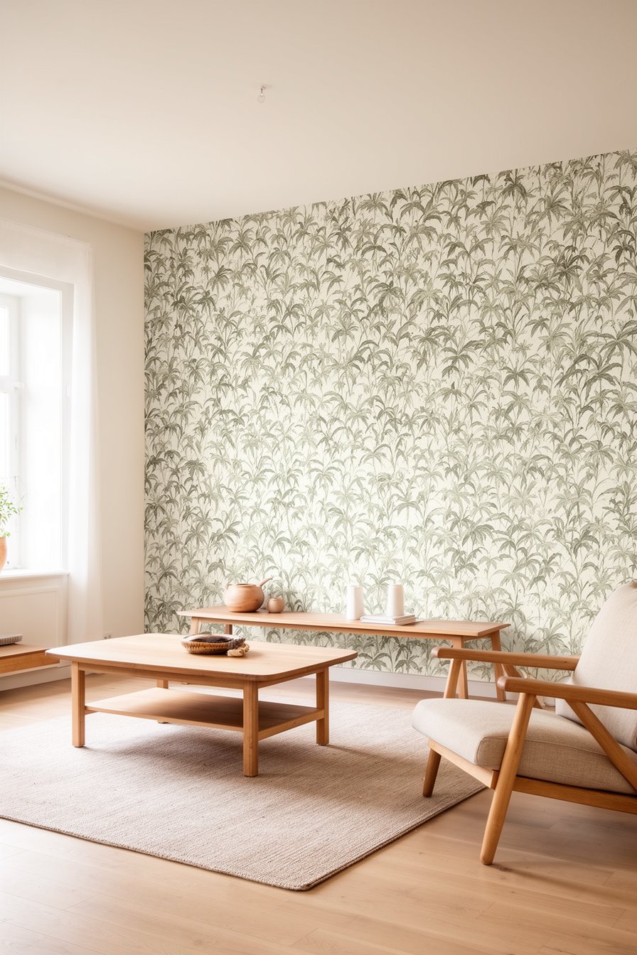 Wohnzimmer im skandinavischen Landhausstil mit botanischer Tapete