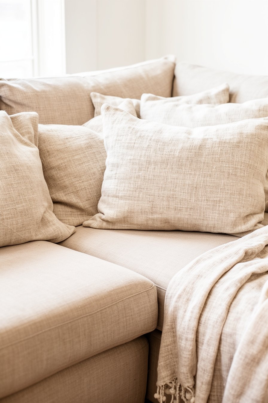 Beiges Sofa mit Naturtextilien im Skandi Landhausstil