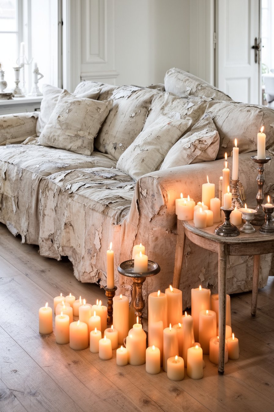 Shabby Chic Sofa mit vielen Kerzen im Vintage Wohnzimmer
