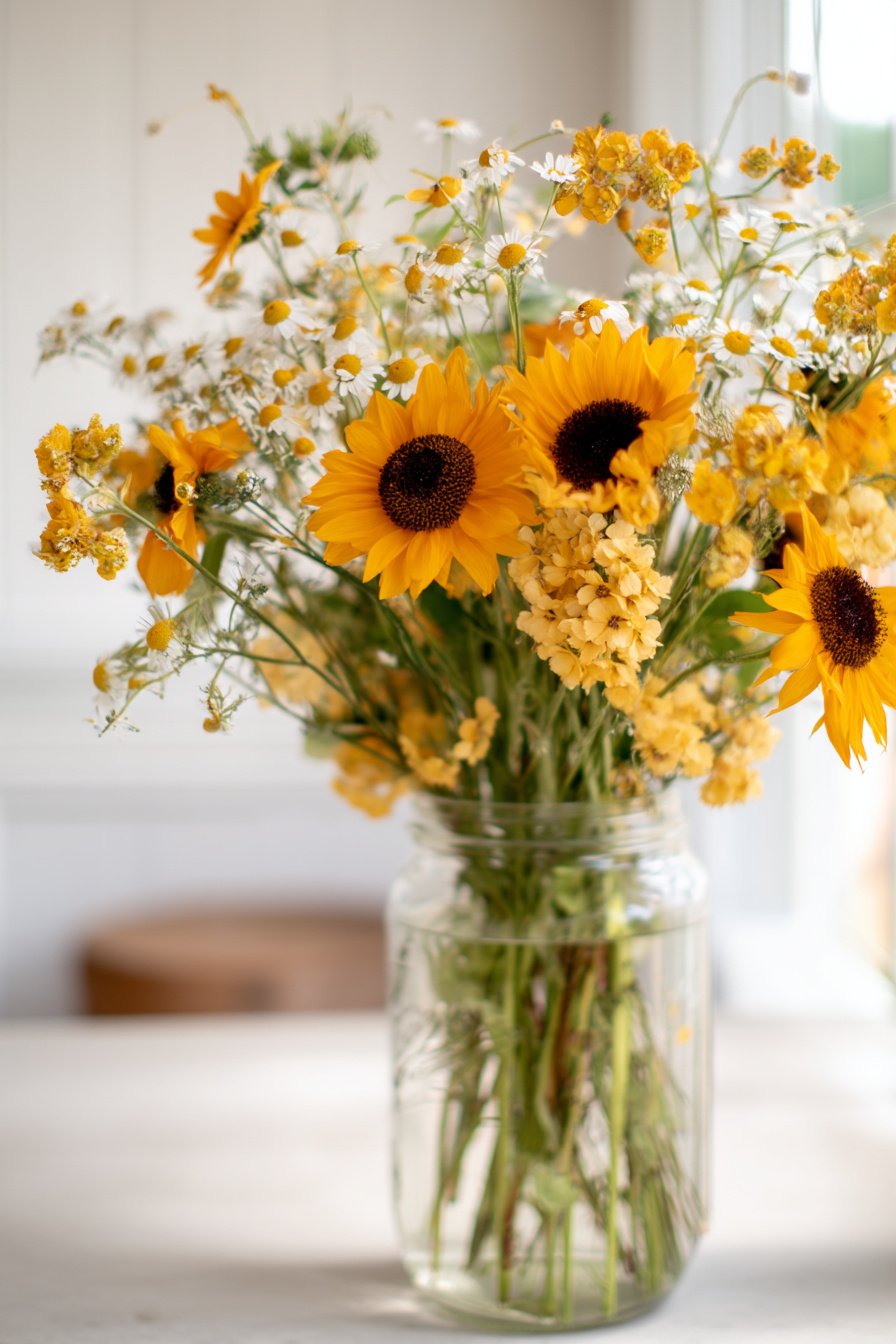Sonnenblumen und gelbe Wildblumen in Glasvase